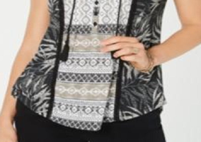 Style & Co Women's Mixed Print Top Black Mulit  Size Petite L