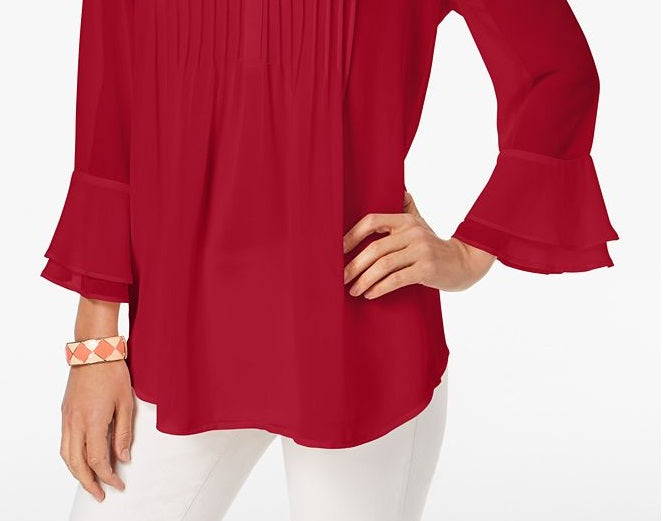 Charter Club Women's Double Ruffle Solid Pintuck Top Red Size XX-Large