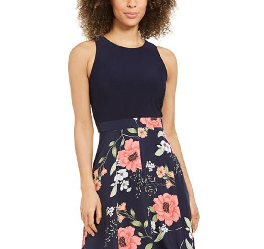 Vince Camuto Women's Printed Crepe De Chine Twofer MIDI with Jersey Bodice Blue Size 12