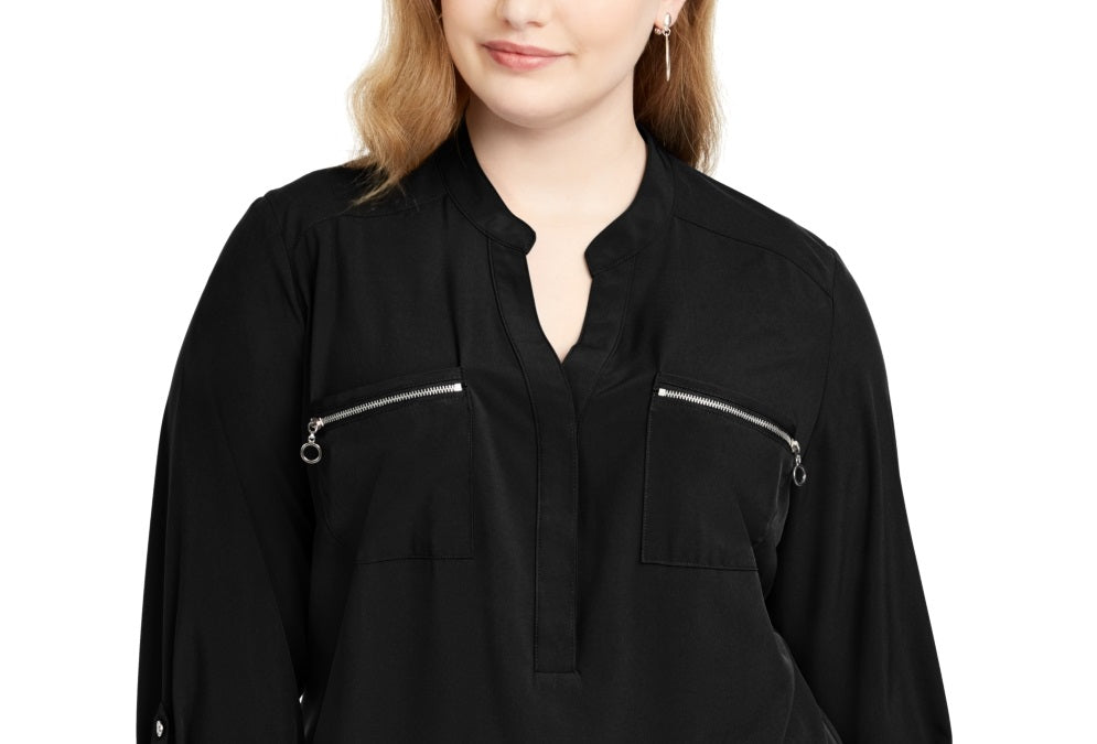 NY Collection Women's Zip Pocket Utility Shirt Black Size 1X