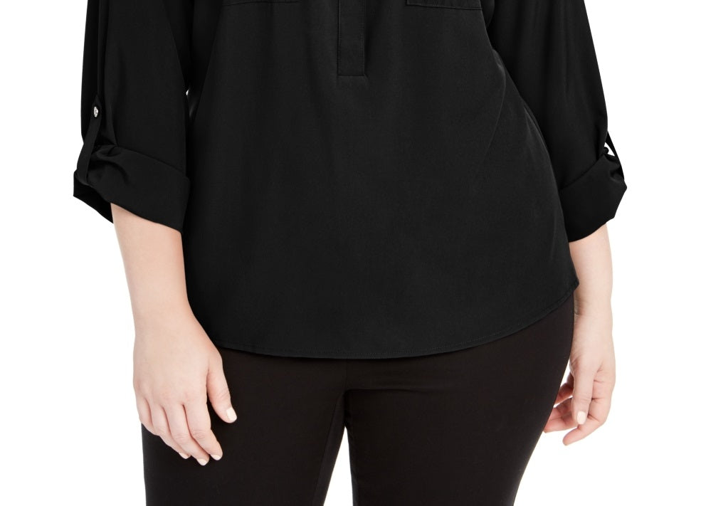NY Collection Women's Zip Pocket Utility Shirt Black Size 1X