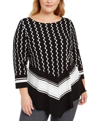 Alfani Women's Plus Size Printed V-Hem Top  Black Size 0X