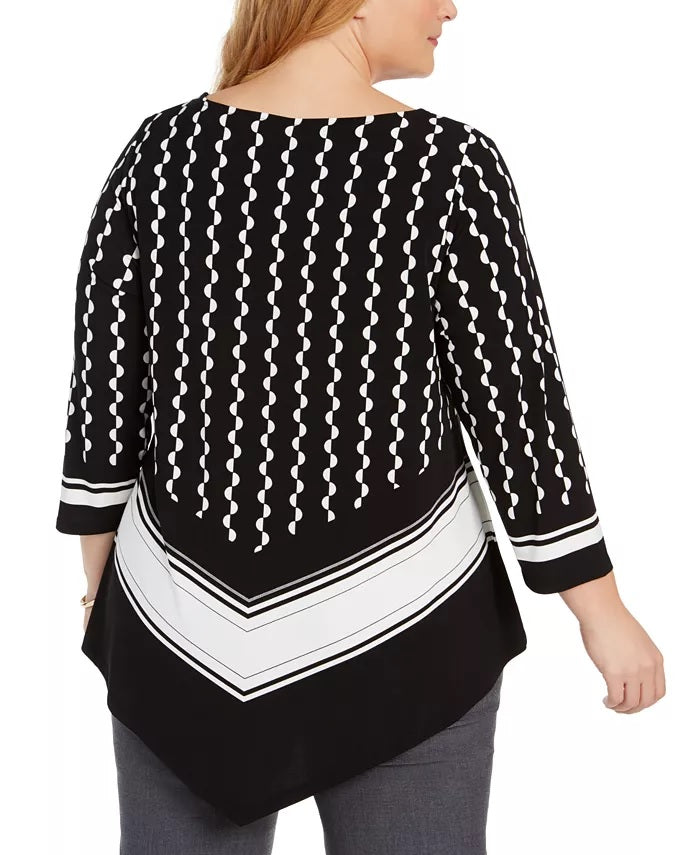 Alfani Women's Plus Size Printed V-Hem Top  Black Size 0X