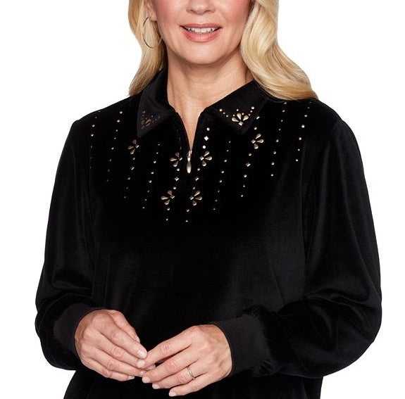 Alfred Dunner Women's Pullover Sweaters Embellished Velour Quarter Zip Pullover Black Size Petite M