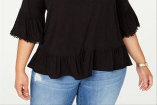 Style & Co Women's Plus Flounce 3/4 Sleeve Top Black Size 0X