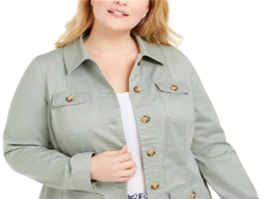 Charter Club Women's Plus Button Front Utility Jacket Green Size 1X