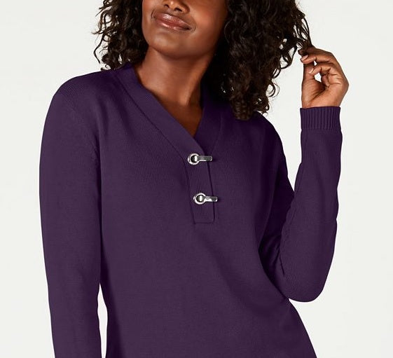 Karen Scott Women's Cotton Toggle Henley Sweater Purple Size Petite Medium