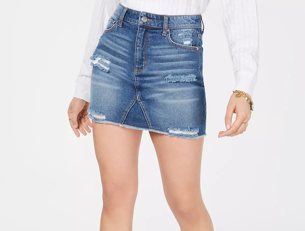 Tinseltown Junior's Ripped Denim Mini Skirt Blue Size 5