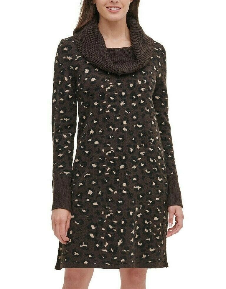 Tommy Hilfiger Women's Leopard Print Sweater Dress Brown Size Small