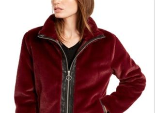 Bar III Women's Faux Fur Zippered Pocketed Jacket Red Size X-Large