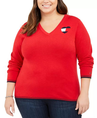 Tommy Hilfiger Women's Plus Size Cotton Heart-Logo Sweater Red Size 0X