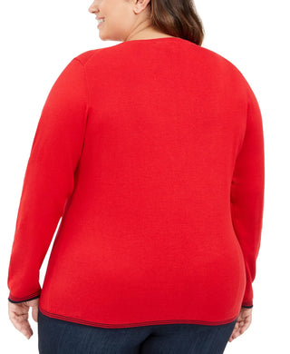 Tommy Hilfiger Women's Plus Size Cotton Heart-Logo Sweater Red Size 0X