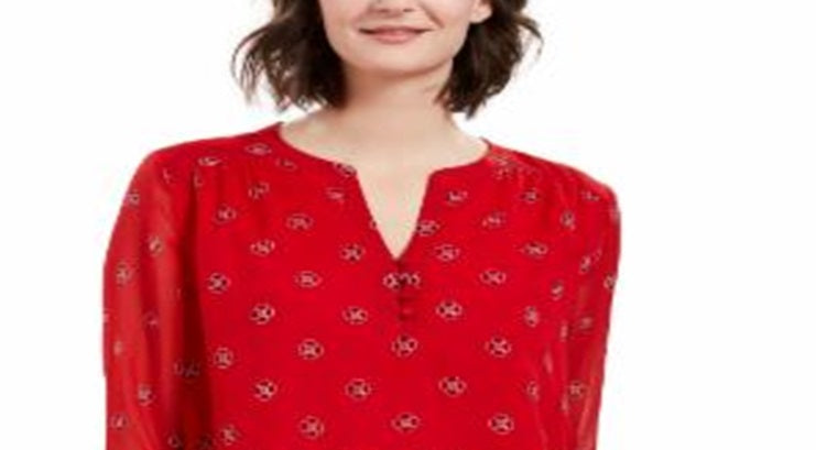 Charter Club Women's Printed Split Sleeve Top Red  Size S