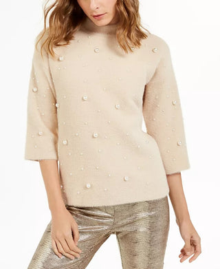 Alfani Women's Petite Scattered Faux-Pearl Sweater Beige Size PL