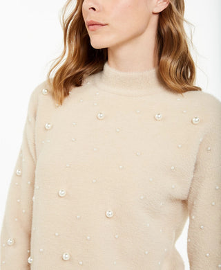 Alfani Women's Petite Scattered Faux-Pearl Sweater Beige Size PL