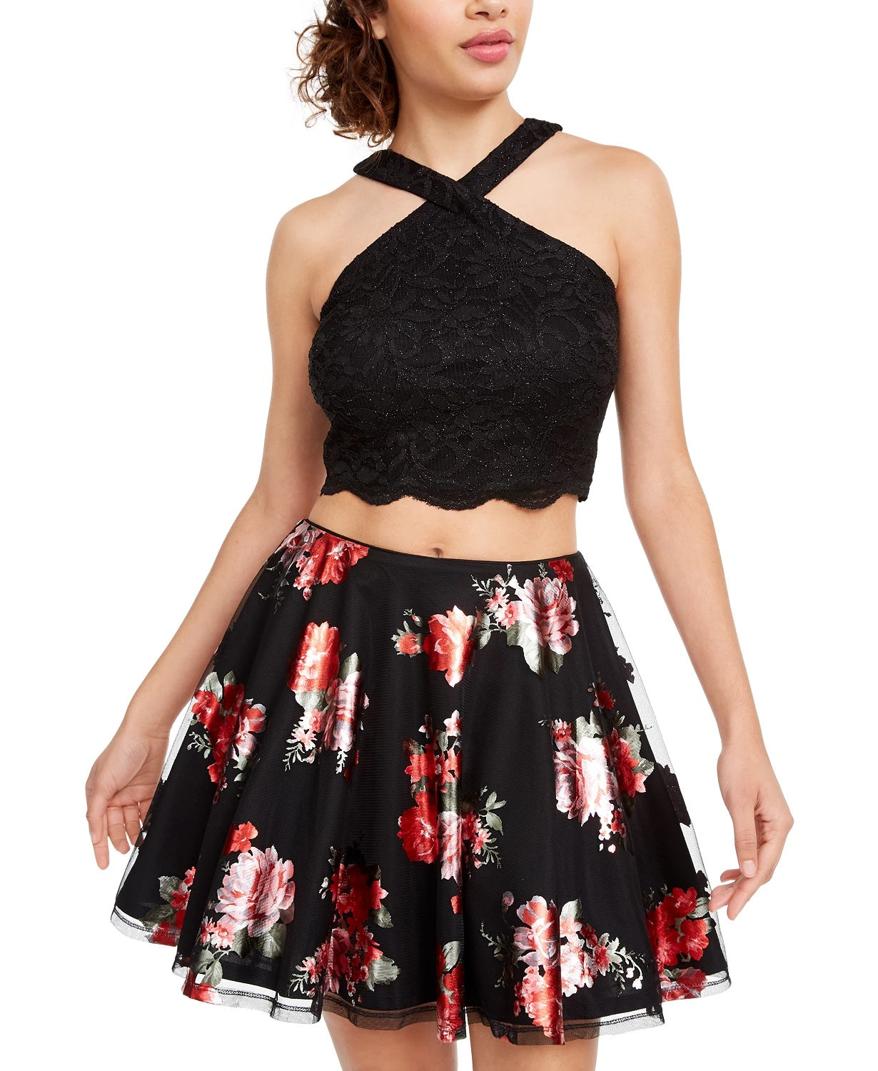 City Studios Juniors' 2-Pc. Glitter Lace & Floral-Print Dress Red Size 3