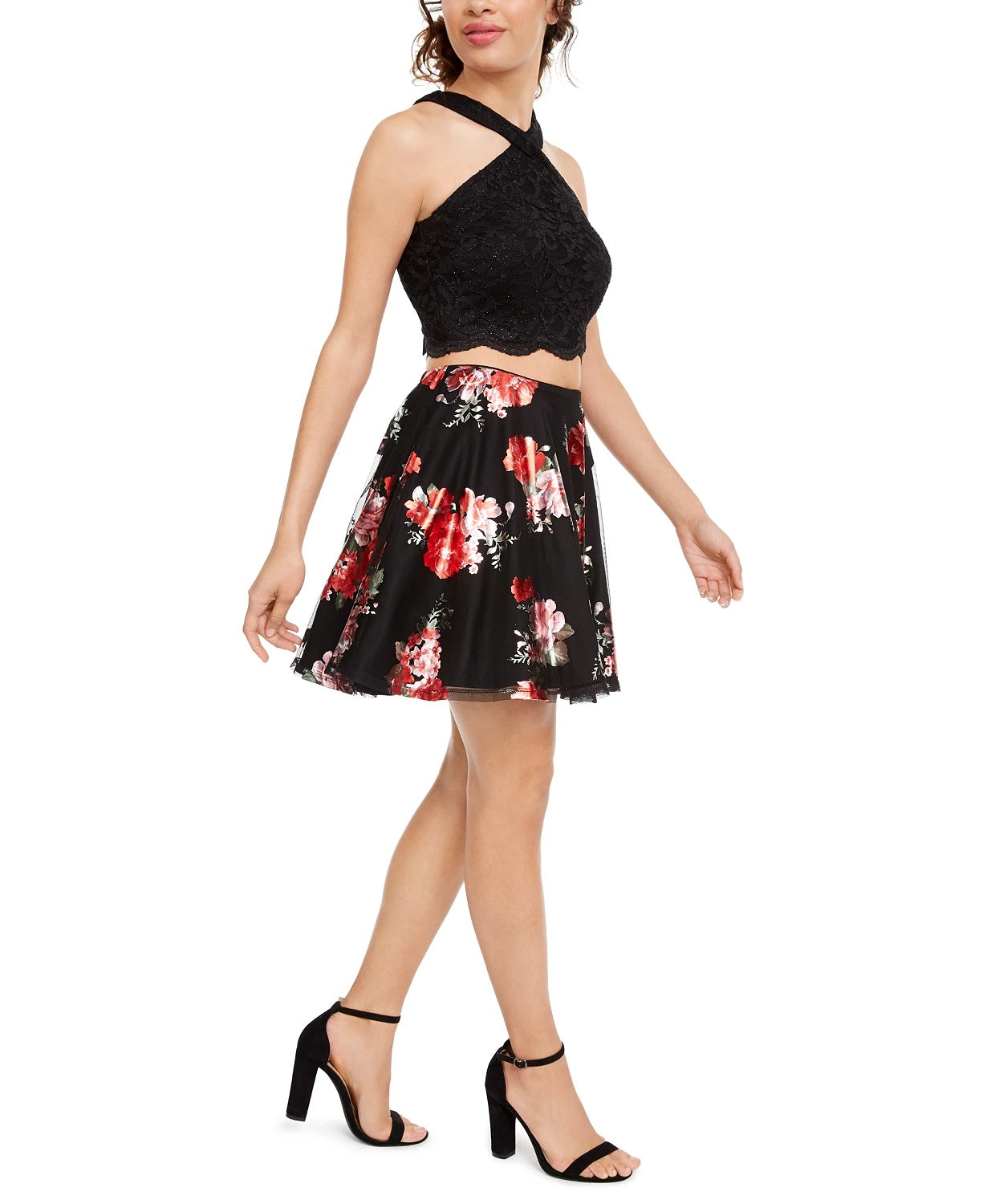 City Studios Juniors' 2-Pc. Glitter Lace & Floral-Print Dress Red Size 15