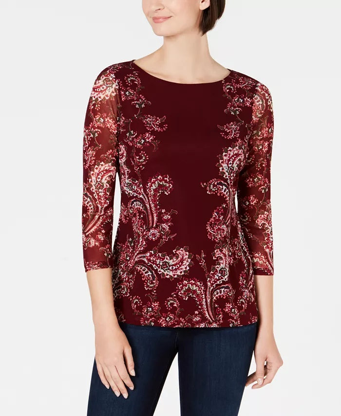 Charter Club Women's Floral-Print Mesh Top Wine Size X-Large