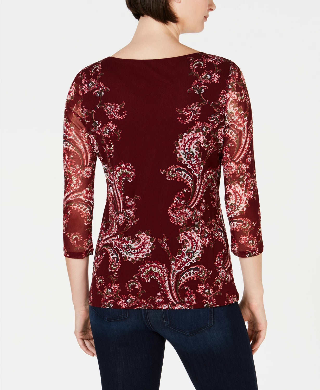 Charter Club Women's Floral-Print Mesh Top Wine Size X-Large
