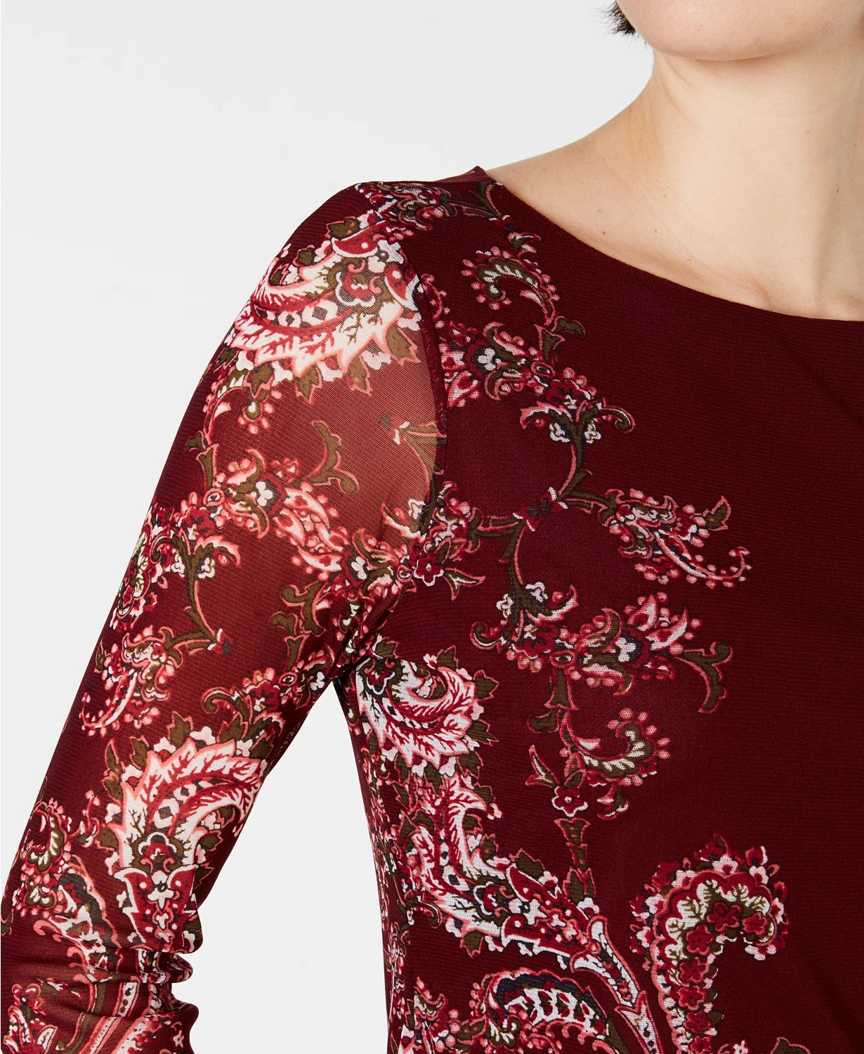 Charter Club Women's Floral-Print Mesh Top Wine Size X-Large