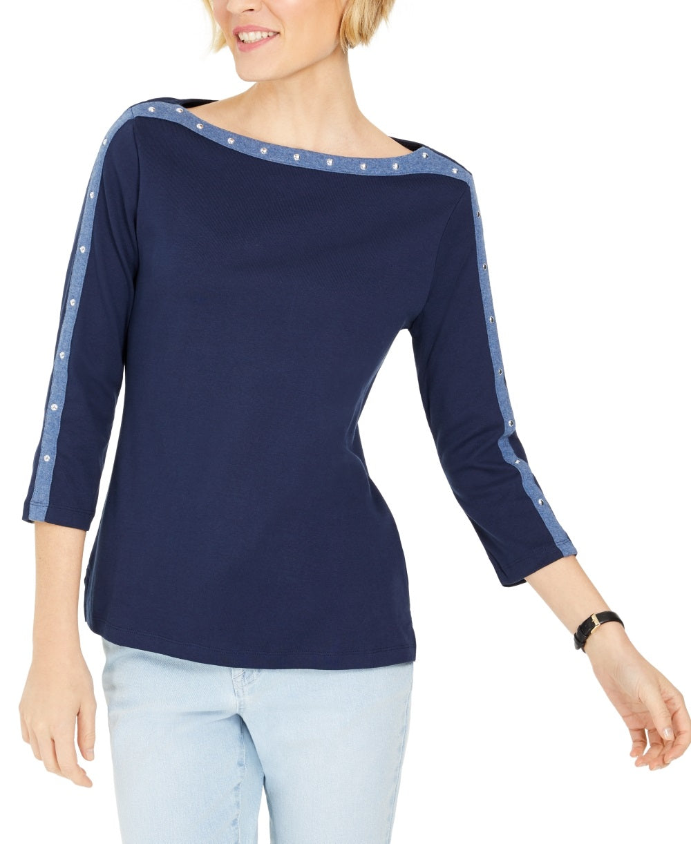 Karen Scott Women's Stud Trim 3/4 Sleeve Top Blue Size Small