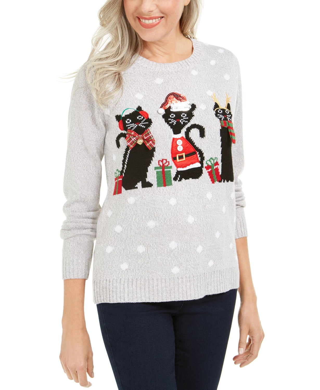 Karen Scott Women's Cat Applique Holiday Sweater Med Gray Size Small