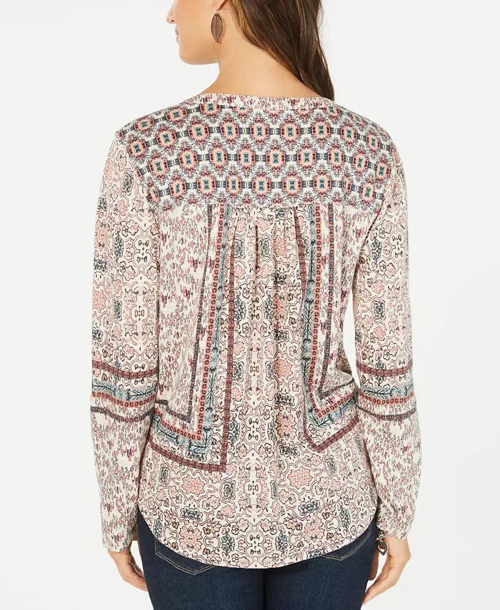 Style & Co Women's Petite Scarf-Print Peasant Top Beige Size PL