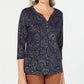 Karen Scott Women's Petite Leaf-Print 3/4-Sleeve Top Navy Size PS
