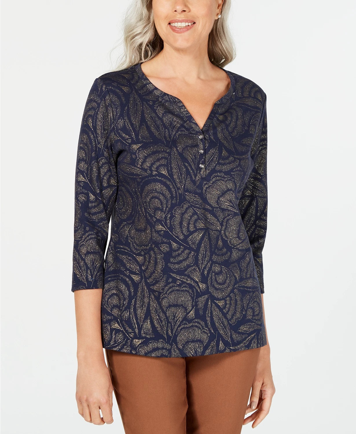 Karen Scott Women's Petite Leaf-Print 3/4-Sleeve Top Navy Size PS