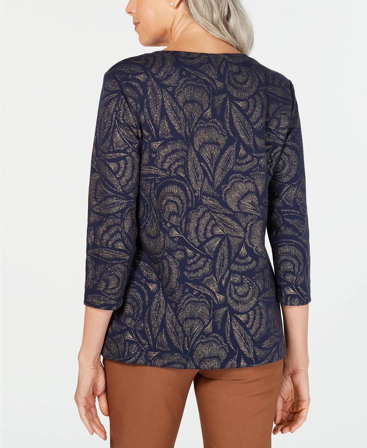 Karen Scott Women's Petite Leaf-Print 3/4-Sleeve Top Navy Size PS
