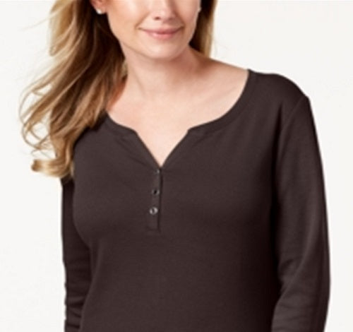 Karen Scott Women's Cotton Henley Neck Top Brown Size Petite