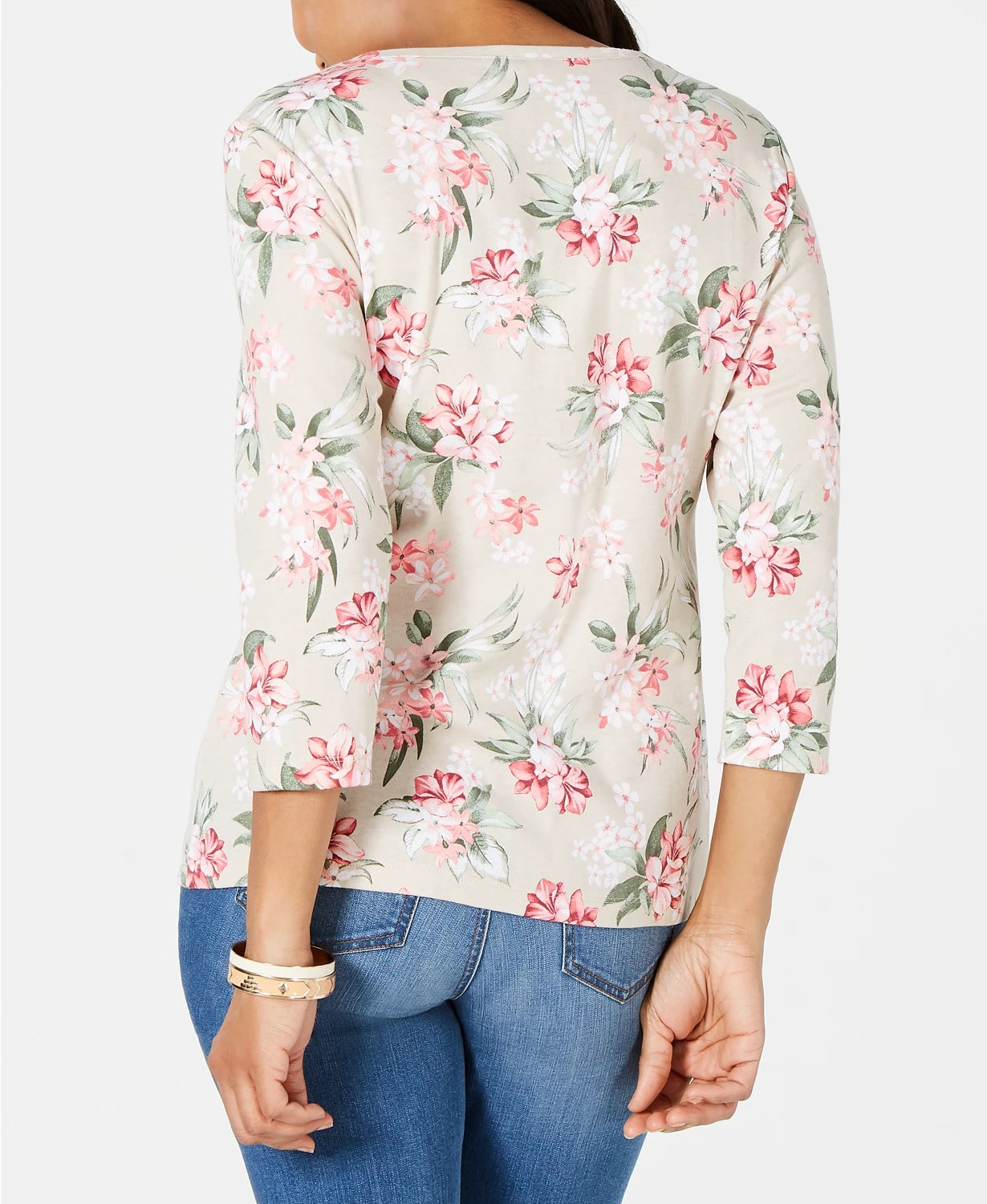 Karen Scott Women's Havana Falls Floral-Print Henley Top Orange Size Small