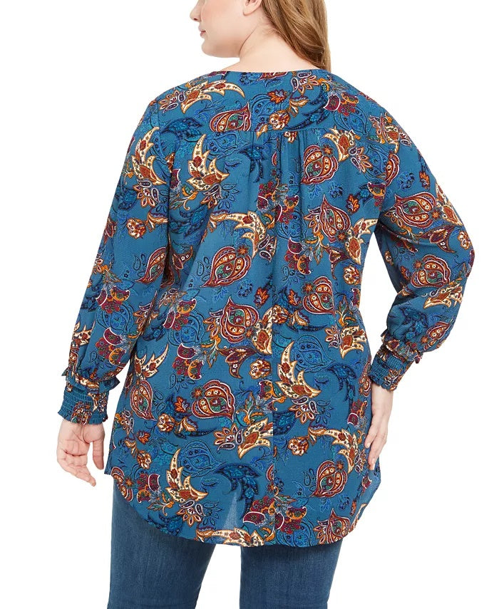 NY Collection Women's Plus Size Printed Removable-Necklace Top Blue Size 1X