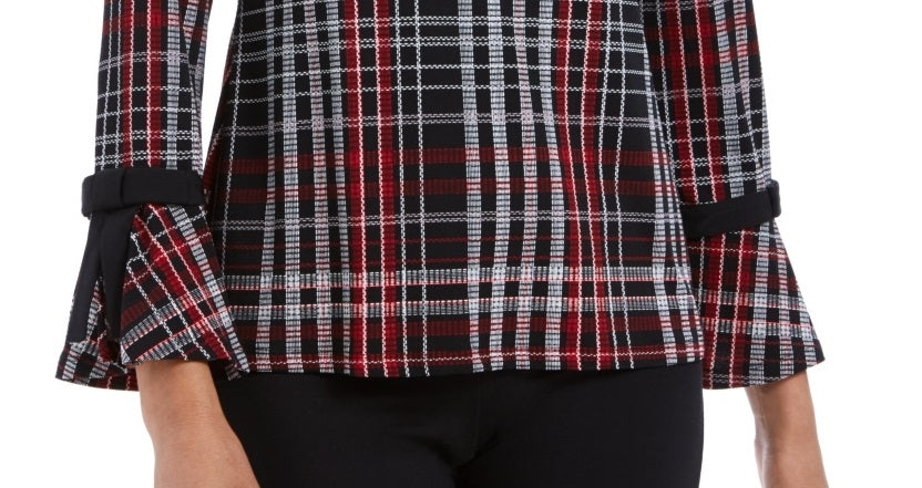 Charter Club Women's Plaid Crepe Bow Detail Top Black Size Petite Small