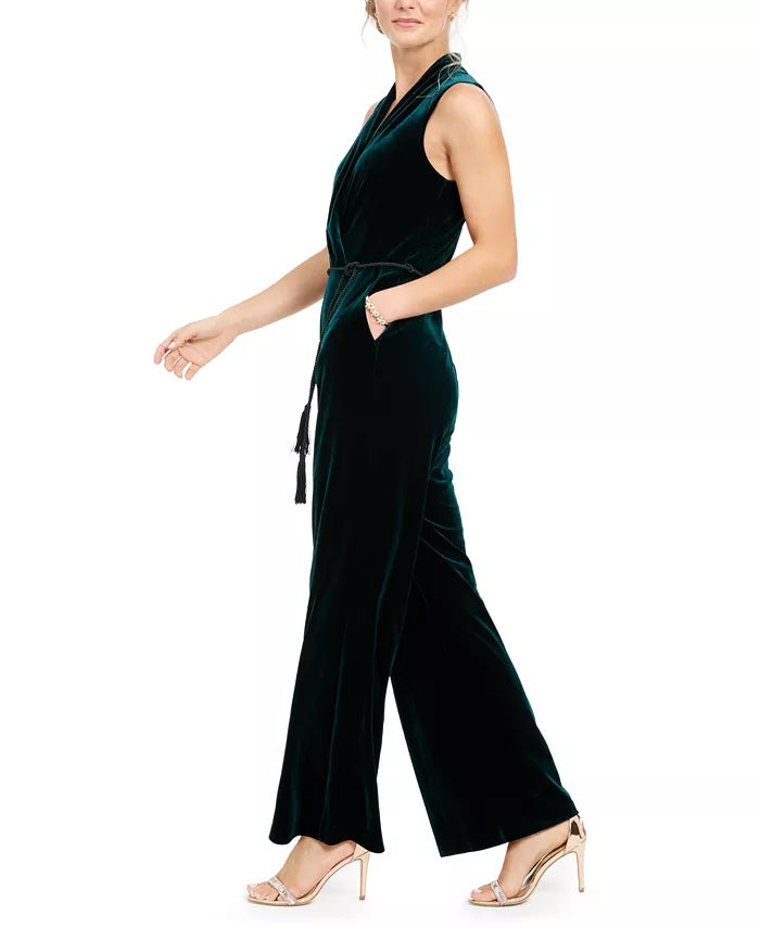 Vince Camuto Women's Tassel-Belted Velvet Jumpsuit Green Size 12