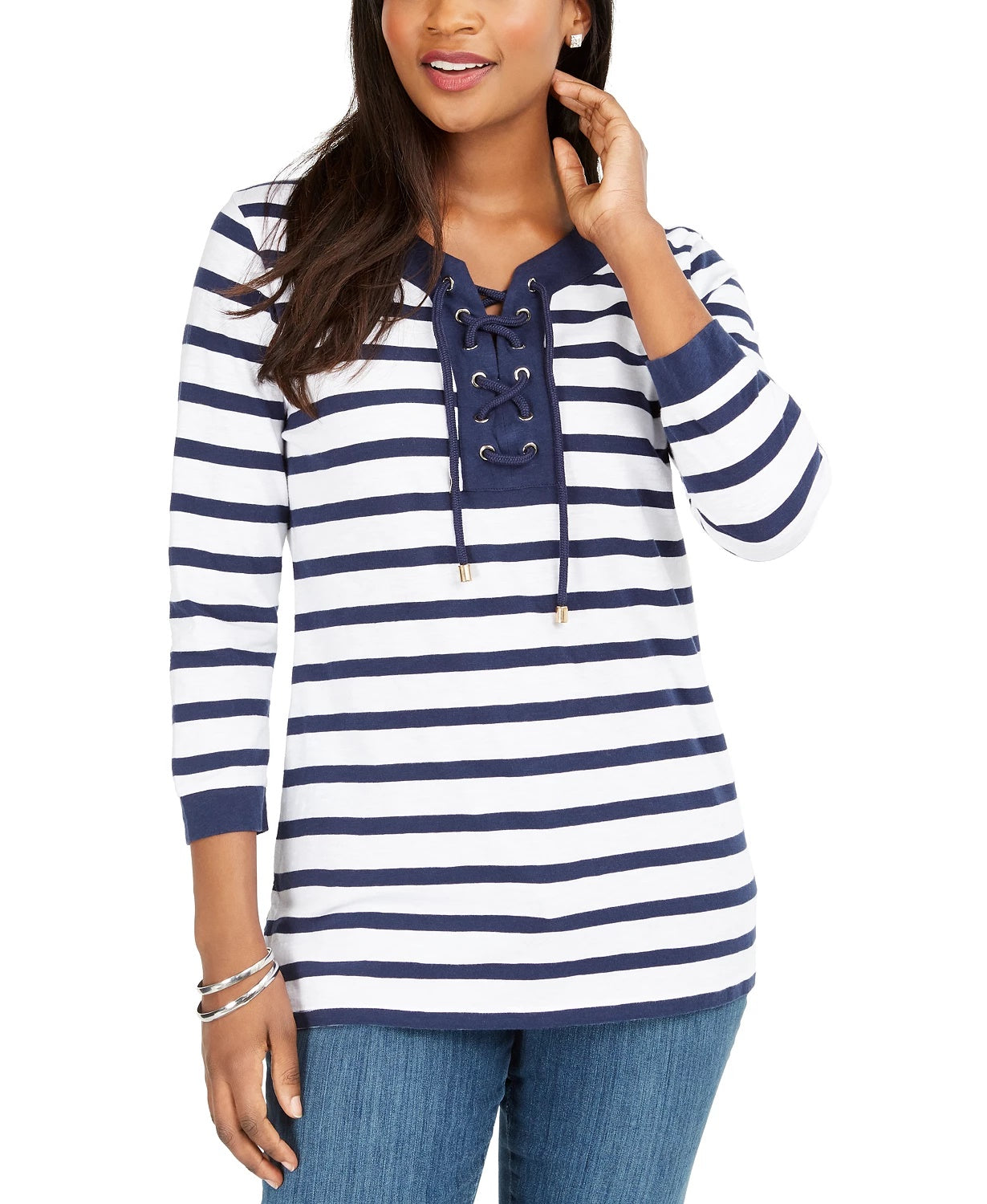 Charter Club Women's Cotton Lace-Up Grommet-Neck Tunic Blue Size Small
