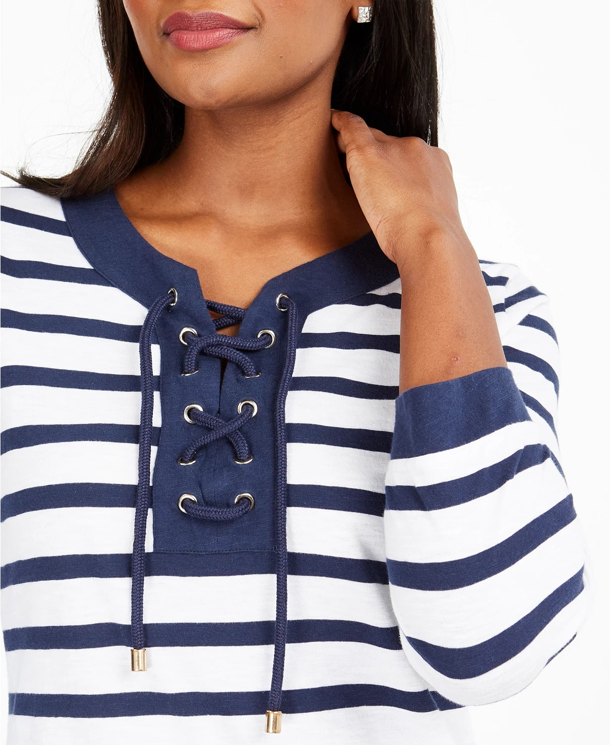 Charter Club Women's Cotton Lace-Up Grommet-Neck Tunic Blue Size Small