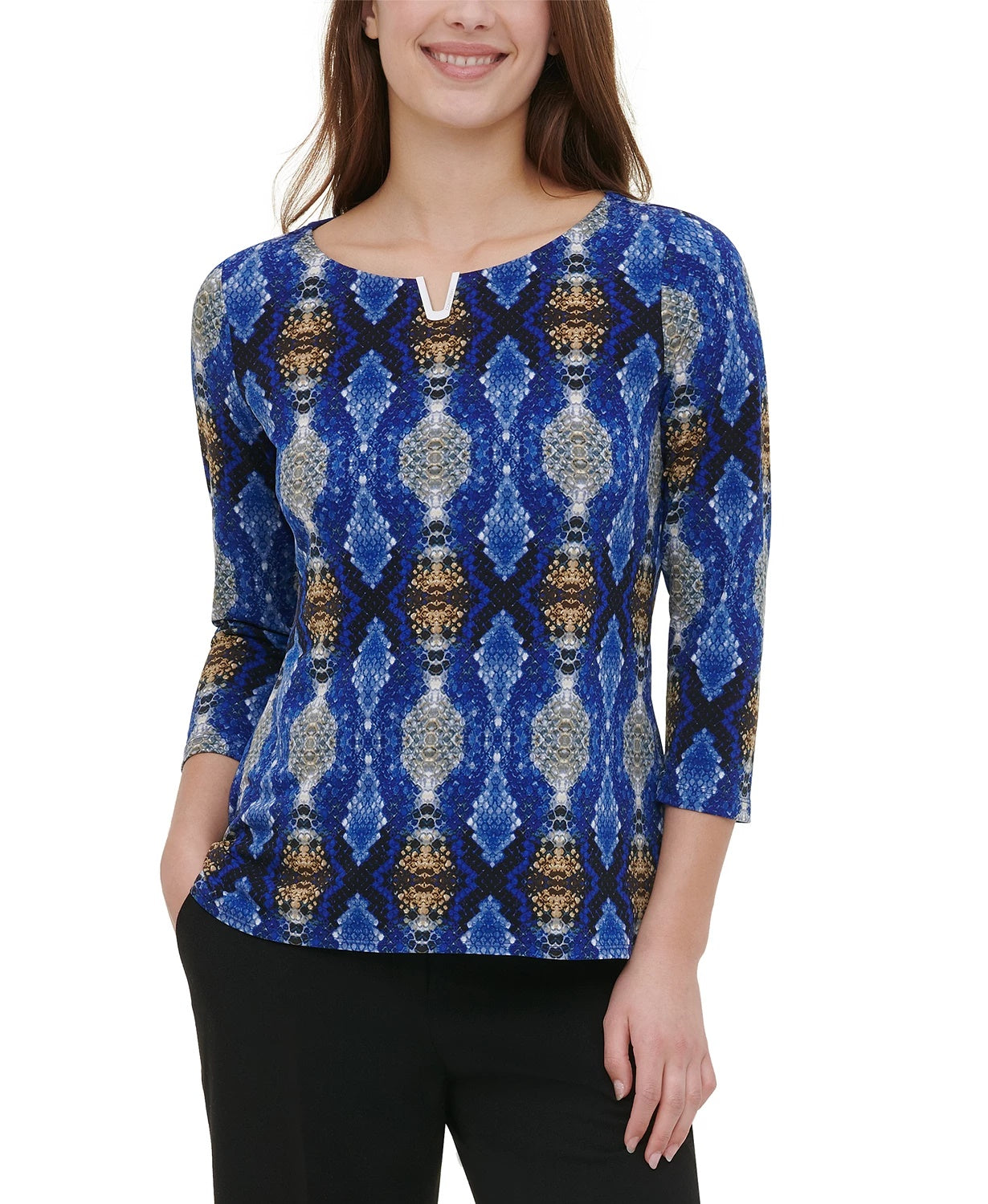 Calvin Klein Women's Embellished 3/4-Sleeve Top Bright Blue Size Large