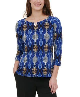 Calvin Klein Women's Embellished 3/4-Sleeve Top Bright Blue Size Large