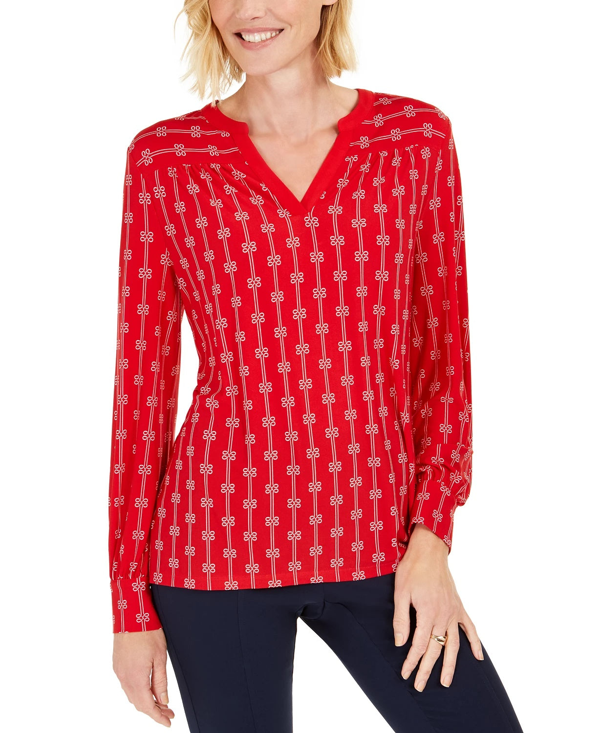 Charter Club Women's Printed Split-Neck Top  Medium Red Size Medium