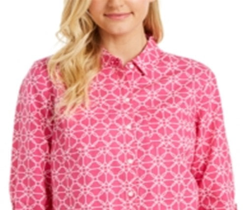 Charter Club Women's Button Front Geometric Print Top Pink Size Large