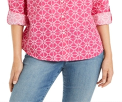 Charter Club Women's Button Front Geometric Print Top Pink Size Large