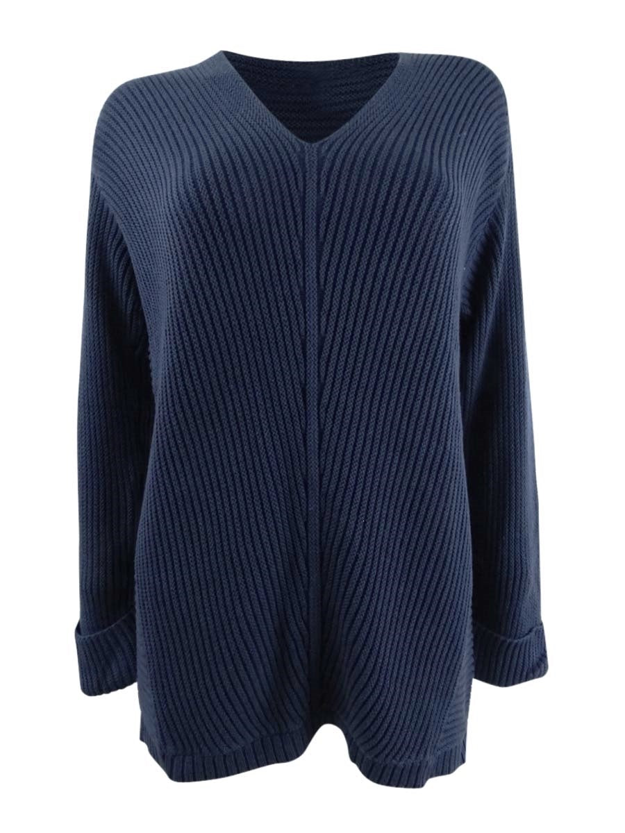 Charter Club Women's Textured Solid Long Sleeve V Neck T Shirt Sweater Navy Size Small
