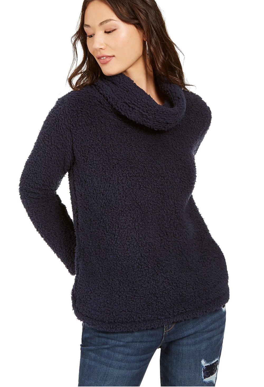 Style & Co Women's Faux Fur Solid Long Sleeve Turtle Neck T Shirt Sweater Blue Size Petite Large