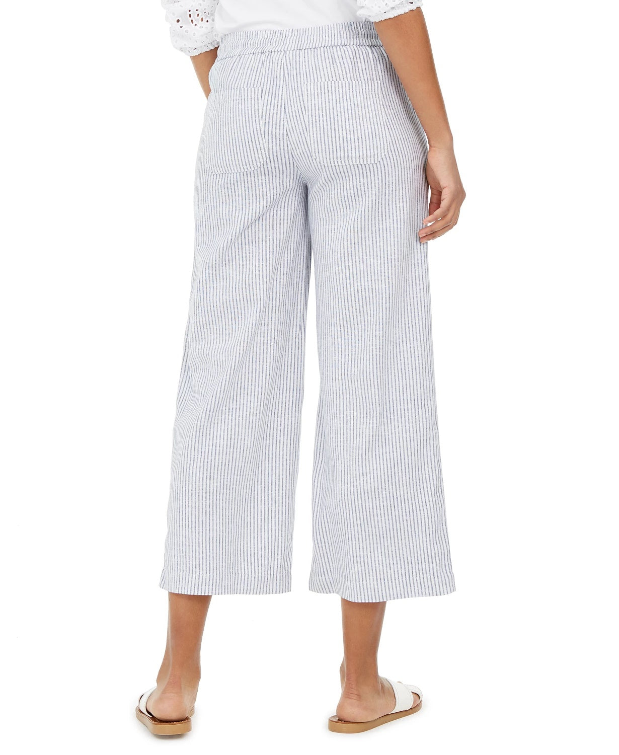 Style & Co Women's Striped Linen Cropped Pants  Navy Size Medium