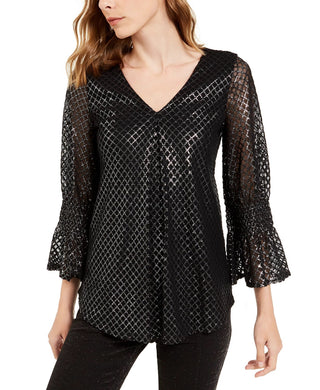 Alfani Women's Petite Metallic-Print Smocked-Sleeve Top Gray Size Petite Small