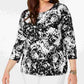 JM Collection Women's Black Printed 3/4 Sleeve Jewel Neck Tunic Top Black 0X