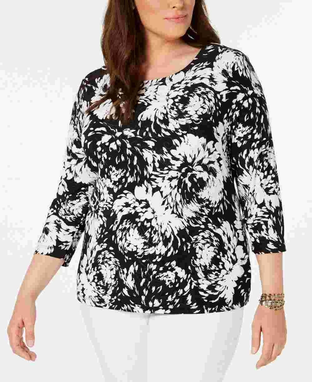 JM Collection Women's Black Printed 3/4 Sleeve Jewel Neck Tunic Top Black 0X