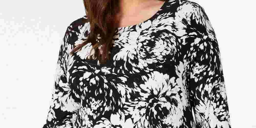 JM Collection Women's Black Printed 3/4 Sleeve Jewel Neck Tunic Top Black 0X