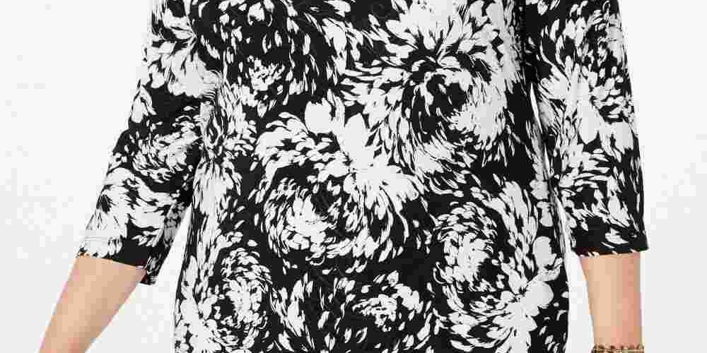 JM Collection Women's Black Printed 3/4 Sleeve Jewel Neck Tunic Top Black 0X